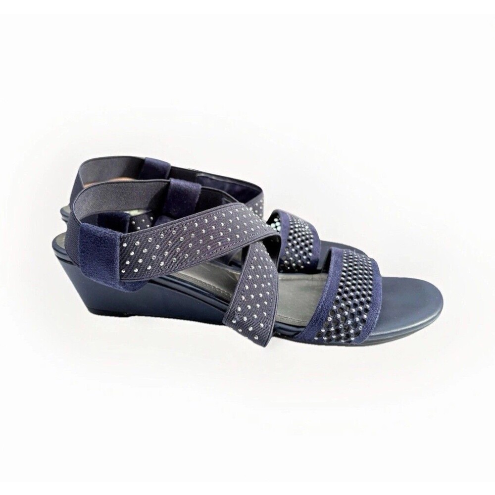 Coach and Four Womens Navy Blue Studded Cross Strap Low Wedge Sandals Size 6 M